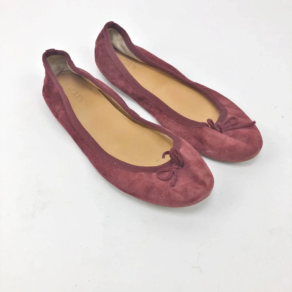 J.Crew Womens Ballet Flats Size 7.5 Maroon Classic Suede Round Toe Slip-On Bow